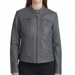 Joujou Jacket Womens Large Gray Faux Leather Moto Zip Faux Fur Lined Short Chic